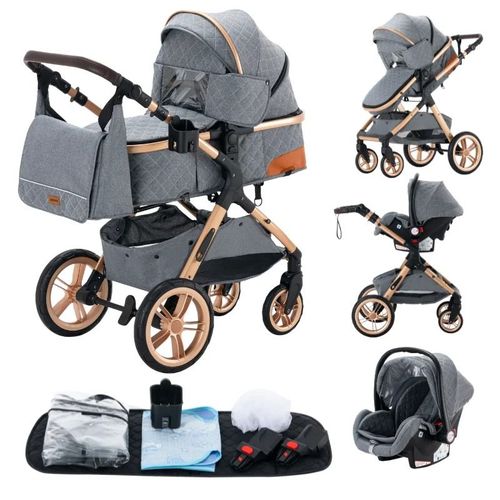 Poussette 3 En 1 Bébé Combinée Siège-Auto Nacelle Trio Réversible Réglable Haute Qualité Roues Increvables Canne - Gris Bleu