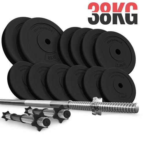 Physionics® Set De Barres D'haltère Avec Disques De Poids - Set 38 Kg, Barre Longue 165cm, 2 Barres Courtes, Disques - Gym, Fitness