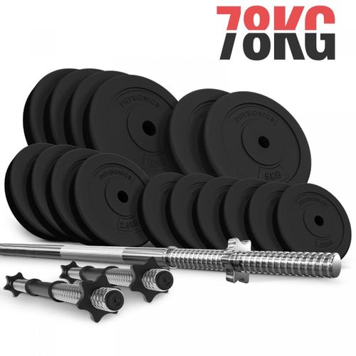 Physionics® Set De Barres D'haltère Avec Disques De Poids - Set 78 Kg, Barre Longue 165cm, 2 Barres Courtes, Disques - Gym, Fitness