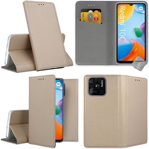 Housse Etui Coque Pochette Portefeuille Pour Xiaomi Redmi 10c + Verre Trempe - Or Magnet
