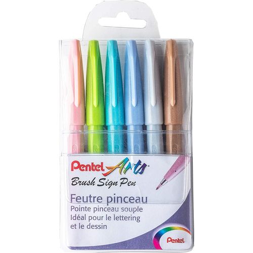 Pentel Pochette De 6 Feutres Pinceau Brush Sign Pen : 1 X Gris Clair, 1 X Brun, 1 X Bleu Pastel, 1 X Gris Bleuté, 1 X Vert Pastel, 1 X Rose Pastel