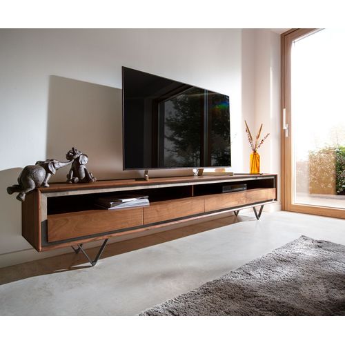 Meuble-Tv Stonegrace Acacia Marron Plaqu? Pierre 240 Cm 4 Tiroirs 1 Compartiment Pied En V Noir Lowboard
