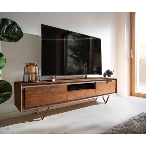 Meuble-Tv Stonegrace Acacia Marron Plaqu? Pierre 175 Cm 2 Portes 1 Tiroir 1 Compartiment Pied En V Noir Lowboard