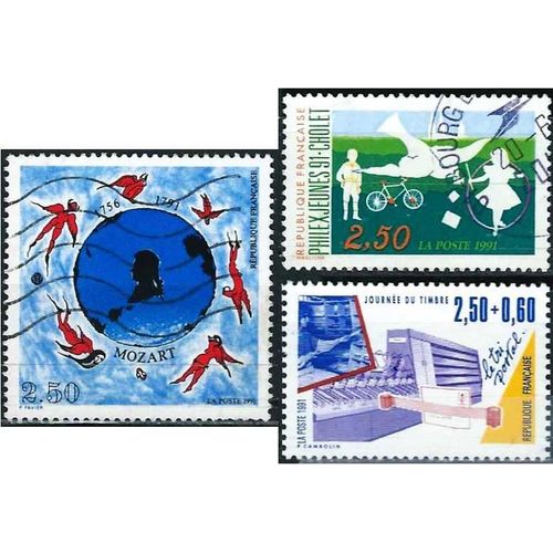 France 1991, Beaux Timbres Yvert 2689 Journee Du Timbre, Le Tri Postal, 2690 Philexjeunes 91 Enfants Avec Bicyclette, Cerceau Et Oiseau, Et 2695 200 Ans De La Mort De Mozart, Obliteres, Tbe -