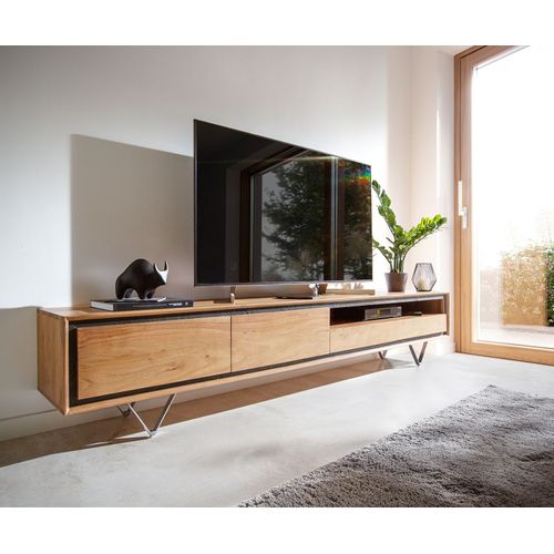 Plateau-Tv Stonegrace Acacia Nature 240 Cm 2 Portes 1 Compartiment 2 Tiroirs Placage En Pierre Buffet Bas ? Pieds En V