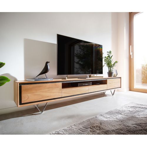 Plateau-Tv Stonegrace Acacia Nature 240 Cm 2 Portes 1 Compartiment 2 Tiroirs Placage En Pierre Buffet Bas ? Pieds En V