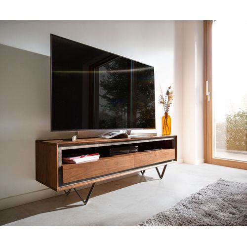 Meuble-Tv Stonegrace Acacia Marron Plaqu? Pierre 145 Cm 2 Tiroirs 1 Compartiment Pied En V Noir Lowboard