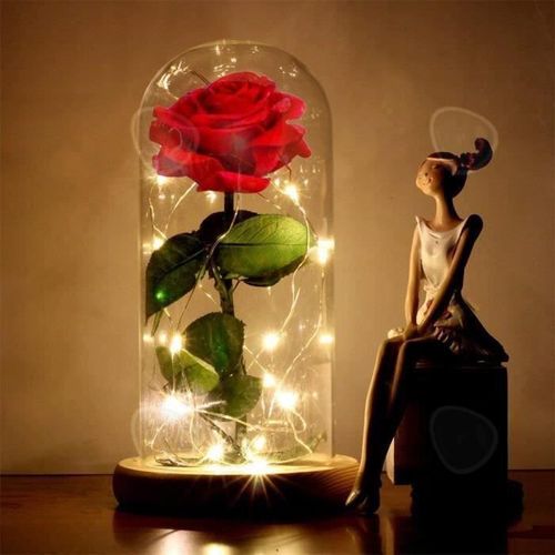 Confo® Rose Éternelle Sous Cloche Cadeau Coffret En Verre La Belle Et La Bête Lumineux Led Socle Bois Tige Feuilles Vertes Rouge À P