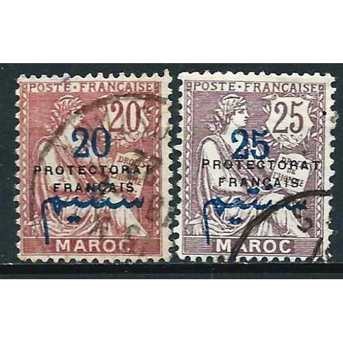 Maroc, Protectorat Français 1914 / 21, Beaux Timbres Yvert 43 Et 45, Type Mouchon 20 Et 25c. Surchargés "Protectorat Français", Oblitérés Tbe -