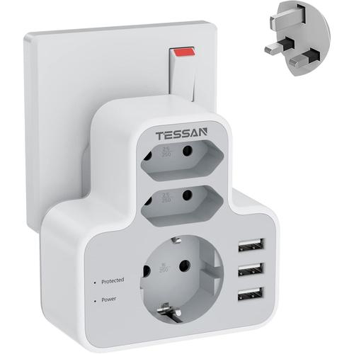 TESSAN Adaptateur UK, Adaptateur Prise Anglaise 6 en 1 Adaptateur Type G avec 3 Prises et 3 Ports USB, Adaptateur Prise UK, Adaptateur Prise France vers UK Irlande Dubai Ecosse, Prise France vers UK