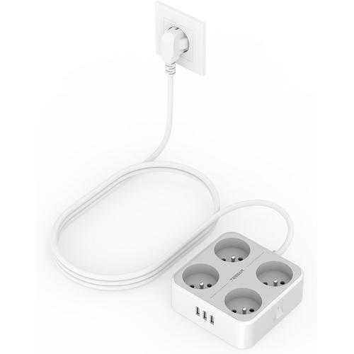 TESSAN Multiprise avec 4 Prises et 3 Ports USB, 8 en 1 Bloc Electrique avec Interrupteur, Prise Multiple Française Convient pour Bureau, Maison, Câble 2M, Gris