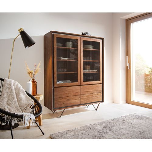 Buffet-Haut Stonegrace Acacia Marron Plaqué Pierre 120x150 Cm 2 Portes 4 Tiroirs Pied En V Noir Highboard