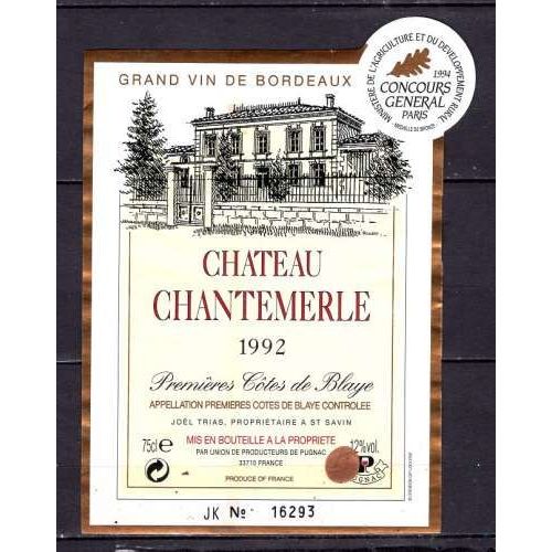 Etiquette De Vin Bordeaux Chateau Chantemerle 1992 Joel Trias