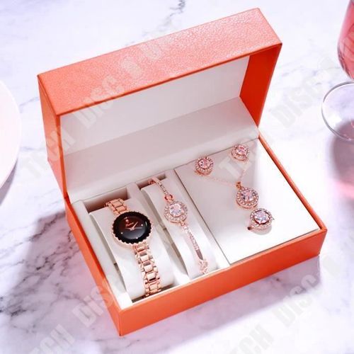 Td® Coffret Cadeau Montre Quartz Pour Femme - Boucles D'oreilles - Bague - Collier - Bracelet Plaqué Or Rose Étanche Raffiné Strass