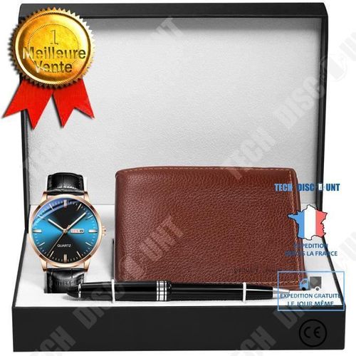 Td® Coffret Cadeau Montre Homme+Portefeuille+Stylo - Quartz - Etanche - Date Calendrier -Cuir- Noel