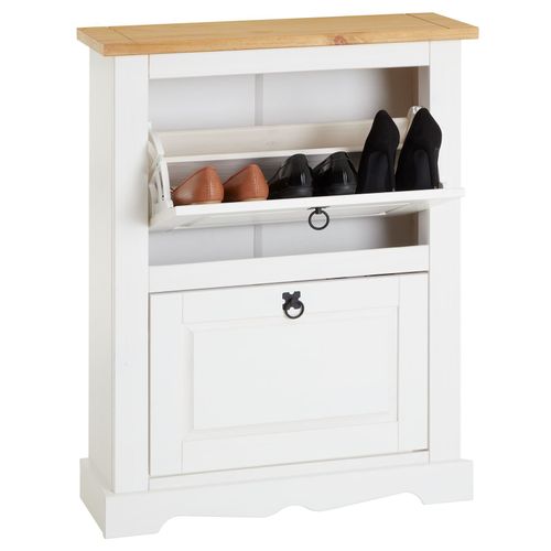 Meuble À Chaussures Tequila Style Mexicain Armoire À Chaussures Avec 2 Abattants, En Pin Massif Lasuré Blanc Et Brun