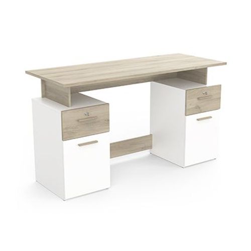 Bureau 2 Portes 2 Tiroirs 135x55x76 Cm Décor Chêne Et Blanc