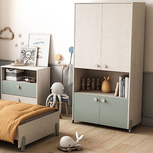 Armoire 4 Portes 89x183 Cm Décor Chêne Et Vert De Gris - Ilina