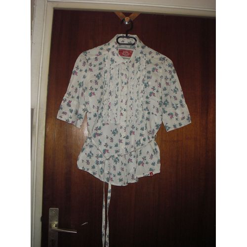 Chemisier Manches Courtes De Marque Edc By Esprit, Taille S, Coloris Blanc Imprimé Fleurs, Plastrons Dentelle Cousus Sur La Poitrine, Fermeture Boutons, Ceinture Sous Passant À La Taille, 100% Coton..
