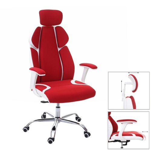 Chaise De Bureau Hwc-F12, Chaise Pivotante, Tissu + Similicuir   Rouge/Blanc