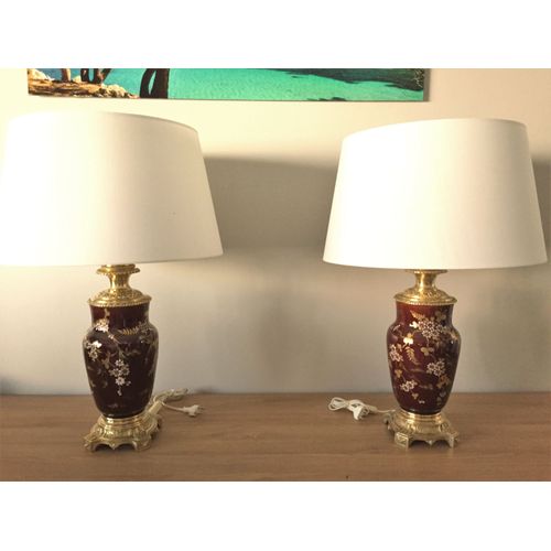 Élégante Paire De Lampes De Salon Bronze Doré Faïence Design Xixe Art Nouveau
