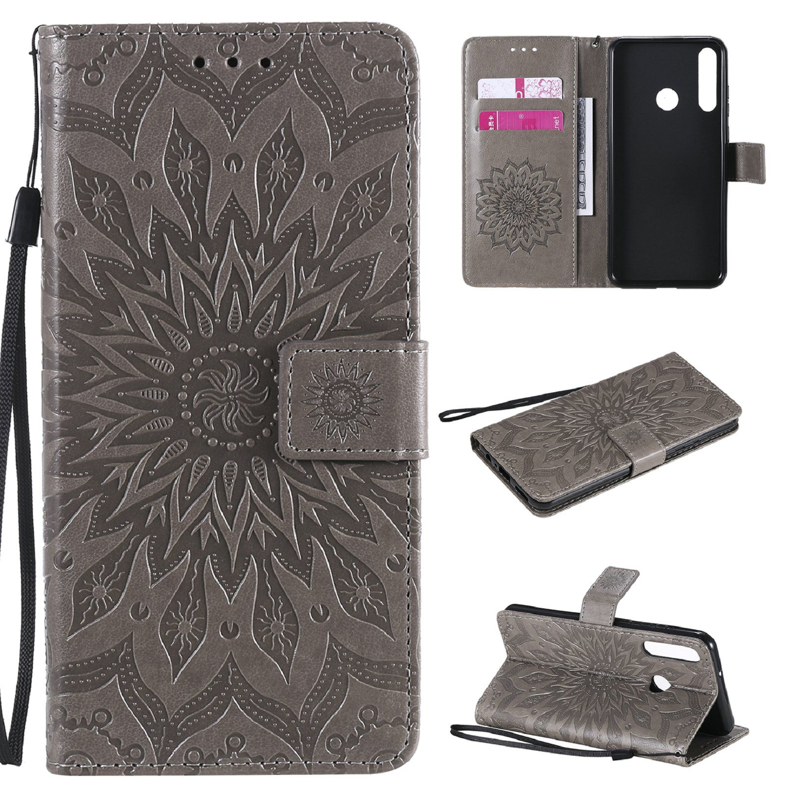 Saturcase Coque Pour Huawei Y6p, Fleur Du Soleil Gaufrage Pu Cuir Magnétique Flip Portefeuille Support Porte-Carte Protecteur Housse Étui Avec Dragonne (Gris)