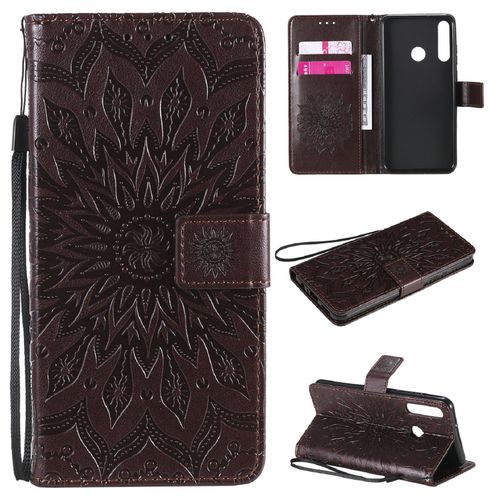 Saturcase Coque Pour Huawei Y6p, Fleur Du Soleil Gaufrage Pu Cuir Magnétique Flip Portefeuille Support Porte-Carte Protecteur Housse Étui Avec Dragonne (Marron)