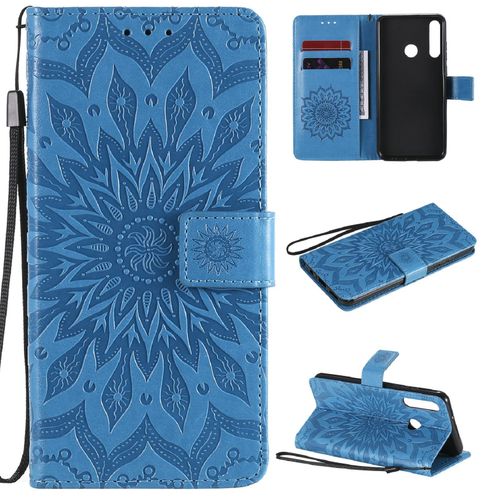 Saturcase Coque Pour Huawei Y6p, Fleur Du Soleil Gaufrage Pu Cuir Magnétique Flip Portefeuille Support Porte-Carte Protecteur Housse Étui Avec Dragonne (Bleu)