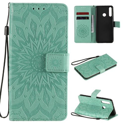 Saturcase Coque Pour Huawei Y6p, Fleur Du Soleil Gaufrage Pu Cuir Magnétique Flip Portefeuille Support Porte-Carte Protecteur Housse Étui Avec Dragonne (Vert)