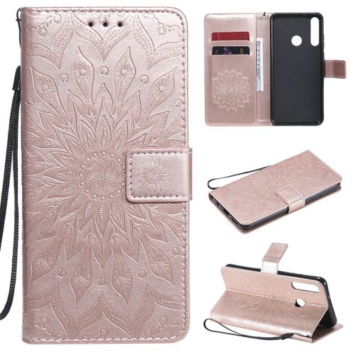 Saturcase Coque Pour Huawei Y6p, Fleur Du Soleil Gaufrage Pu Cuir Magnétique Flip Portefeuille Support Porte-Carte Protecteur Housse Étui Avec Dragonne (Or Rose)