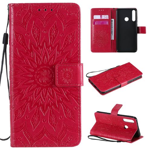 Saturcase Coque Pour Huawei Y6p, Fleur Du Soleil Gaufrage Pu Cuir Magnétique Flip Portefeuille Support Porte-Carte Protecteur Housse Étui Avec Dragonne (Rouge)