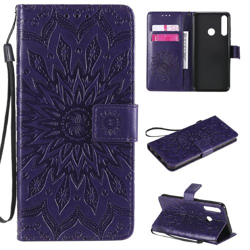 Saturcase Coque Pour Huawei Y6p, Fleur Du Soleil Gaufrage Pu Cuir Magnétique Flip Portefeuille Support Porte-Carte Protecteur Housse Étui Avec Dragonne (Violet)