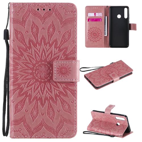 Saturcase Coque Pour Huawei Y6p, Fleur Du Soleil Gaufrage Pu Cuir Magnétique Flip Portefeuille Support Porte-Carte Protecteur Housse Étui Avec Dragonne (Pink)