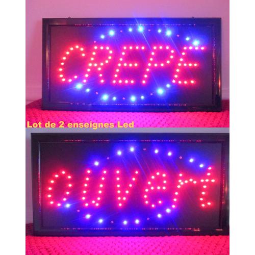 Lot De 2 Enseignes Led  Crepe  + Ouvert  Panneau Lumineux