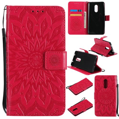 Saturcase Coque Pour Xiaomi Redmi Note 4 / Note 4x, Fleur Du Soleil Gaufrage Pu Cuir Magnétique Flip Portefeuille Support Porte-Carte Protecteur Housse Étui Avec Dragonne (Rouge)