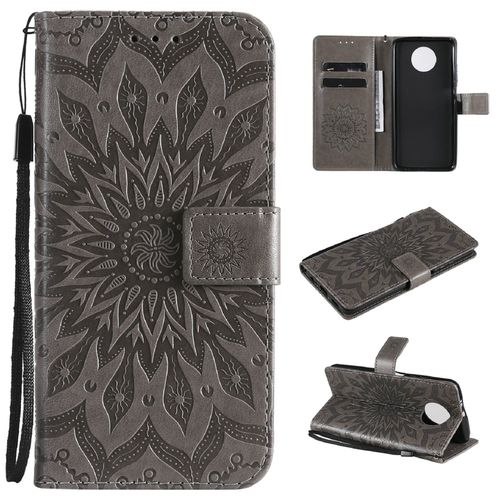 Saturcase Coque Pour Xiaomi Redmi Note 9t, Fleur Du Soleil Gaufrage Pu Cuir Magnétique Flip Portefeuille Support Porte-Carte Protecteur Housse Étui Avec Dragonne (Gris)