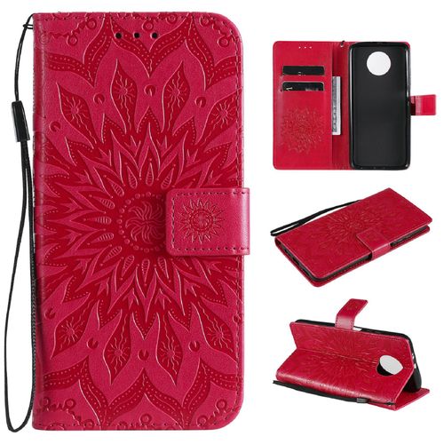 Saturcase Coque Pour Xiaomi Redmi Note 9t, Fleur Du Soleil Gaufrage Pu Cuir Magnétique Flip Portefeuille Support Porte-Carte Protecteur Housse Étui Avec Dragonne (Rouge)
