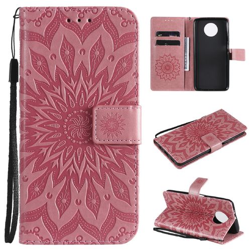 Saturcase Coque Pour Xiaomi Redmi Note 9t, Fleur Du Soleil Gaufrage Pu Cuir Magnétique Flip Portefeuille Support Porte-Carte Protecteur Housse Étui Avec Dragonne (Pink)