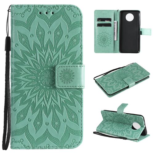 Saturcase Coque Pour Xiaomi Redmi Note 9t, Fleur Du Soleil Gaufrage Pu Cuir Magnétique Flip Portefeuille Support Porte-Carte Protecteur Housse Étui Avec Dragonne (Vert)