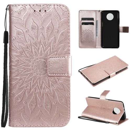 Saturcase Coque Pour Xiaomi Redmi Note 9t, Fleur Du Soleil Gaufrage Pu Cuir Magnétique Flip Portefeuille Support Porte-Carte Protecteur Housse Étui Avec Dragonne (Or Rose)