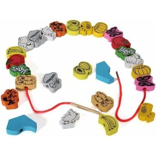 Perles Avec Motifs À Enfiler Avec 2 Lacets Montessori * Nombre De Pièces : 26 * Matière : Bois * 2 Lacets Fonctions : Perles À