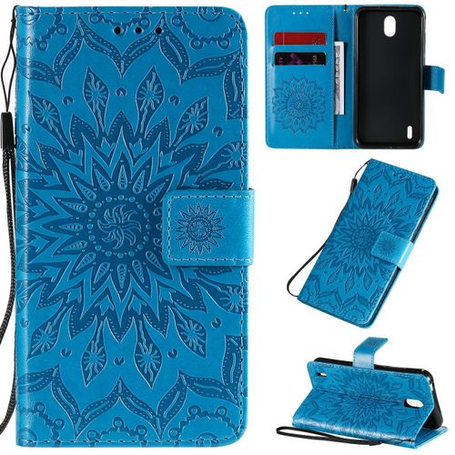Saturcase Coque Pour Nokia 1.3, Fleur Du Soleil Gaufrage Pu Cuir Magnétique Flip Portefeuille Support Porte-Carte Protecteur Housse Étui Avec Dragonne (Bleu)