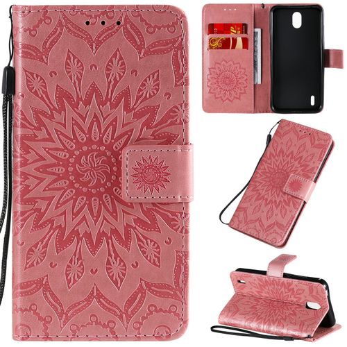 Saturcase Coque Pour Nokia 1.3, Fleur Du Soleil Gaufrage Pu Cuir Magnétique Flip Portefeuille Support Porte-Carte Protecteur Housse Étui Avec Dragonne (Pink)