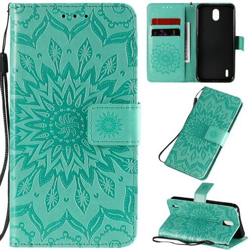 Saturcase Coque Pour Nokia 1.3, Fleur Du Soleil Gaufrage Pu Cuir Magnétique Flip Portefeuille Support Porte-Carte Protecteur Housse Étui Avec Dragonne (Vert)