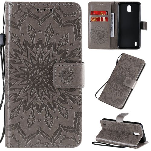 Saturcase Coque Pour Nokia 1.3, Fleur Du Soleil Gaufrage Pu Cuir Magnétique Flip Portefeuille Support Porte-Carte Protecteur Housse Étui Avec Dragonne (Gris)