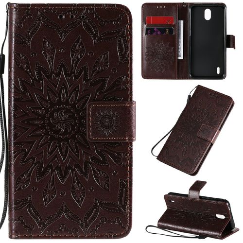 Saturcase Coque Pour Nokia 1.3, Fleur Du Soleil Gaufrage Pu Cuir Magnétique Flip Portefeuille Support Porte-Carte Protecteur Housse Étui Avec Dragonne (Marron)