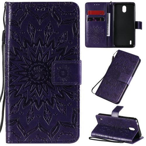 Saturcase Coque Pour Nokia 1.3, Fleur Du Soleil Gaufrage Pu Cuir Magnétique Flip Portefeuille Support Porte-Carte Protecteur Housse Étui Avec Dragonne (Violet)