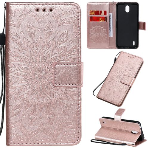 Saturcase Coque Pour Nokia 1.3, Fleur Du Soleil Gaufrage Pu Cuir Magnétique Flip Portefeuille Support Porte-Carte Protecteur Housse Étui Avec Dragonne (Or Rose)