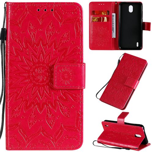 Saturcase Coque Pour Nokia 1.3, Fleur Du Soleil Gaufrage Pu Cuir Magnétique Flip Portefeuille Support Porte-Carte Protecteur Housse Étui Avec Dragonne (Rouge)