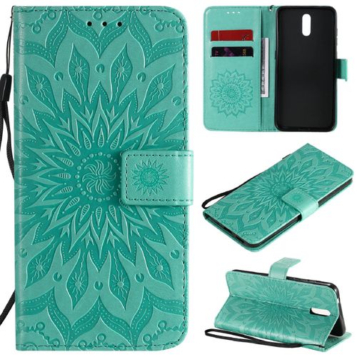 Saturcase Coque Pour Nokia 2.3, Fleur Du Soleil Gaufrage Pu Cuir Magnétique Flip Portefeuille Support Porte-Carte Protecteur Housse Étui Avec Dragonne (Vert)